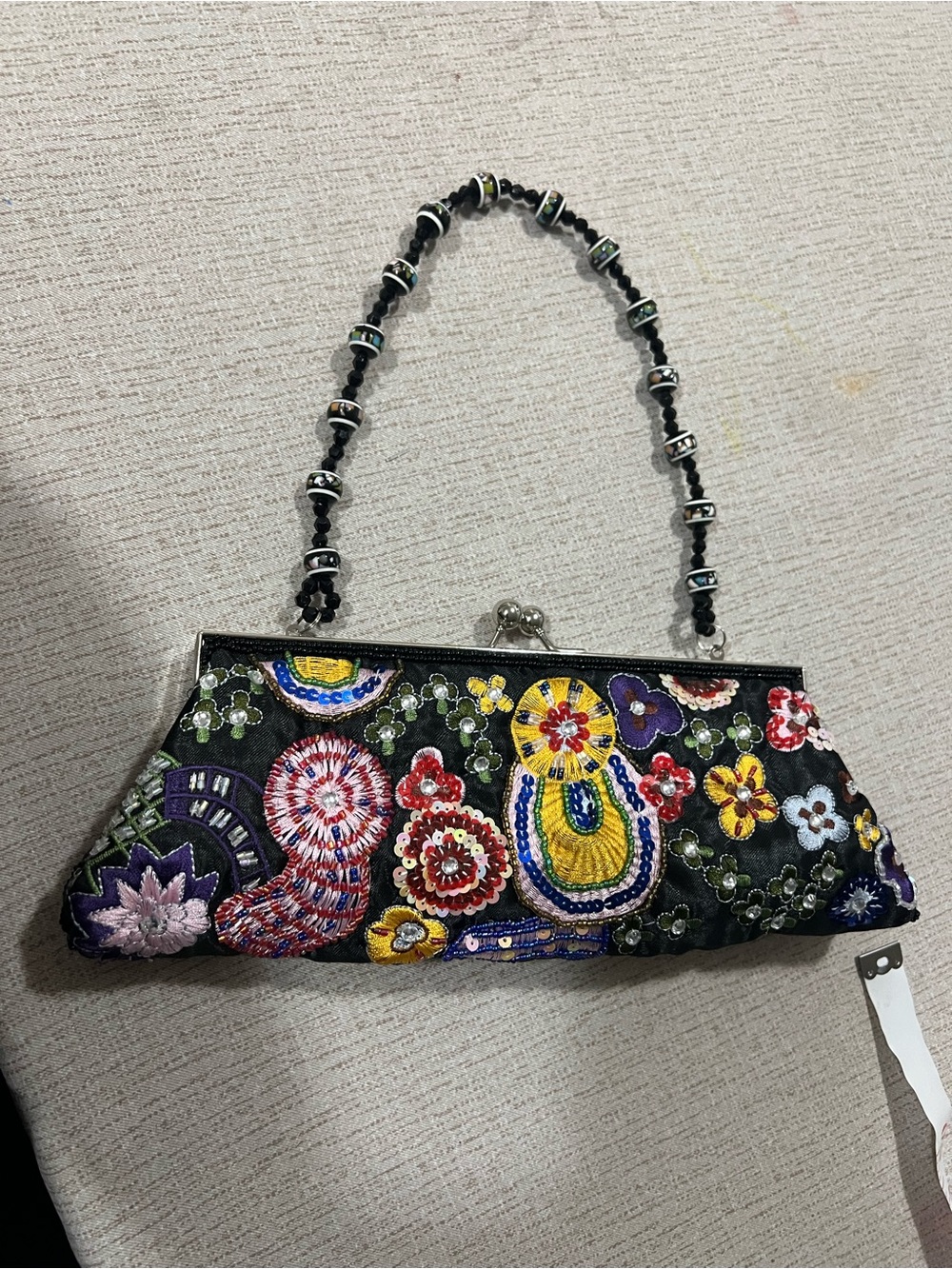 Beaded Floral Embroidered Black Evening Clutch